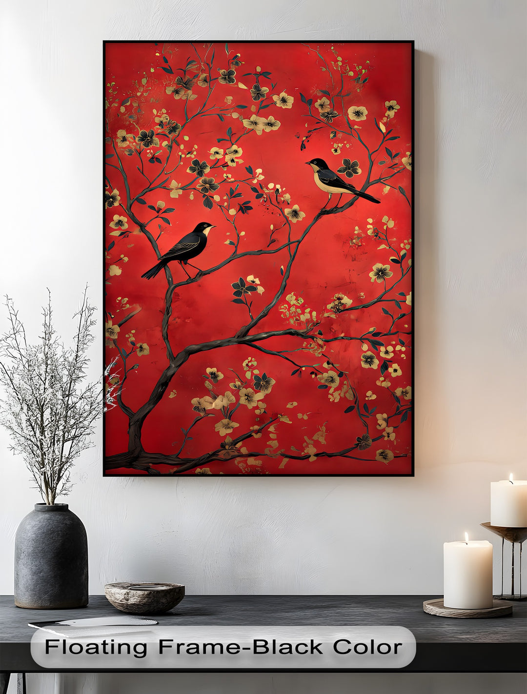 Crimson Melody – Golden Blossom Birds Canvas Wall Art | Framed Art