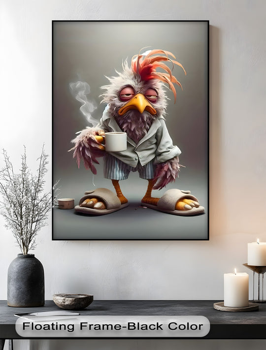 The distinct black floating frame border outlines the premium canvas decor of the Morning Grump Bird Funny Coffee Wall Art print.