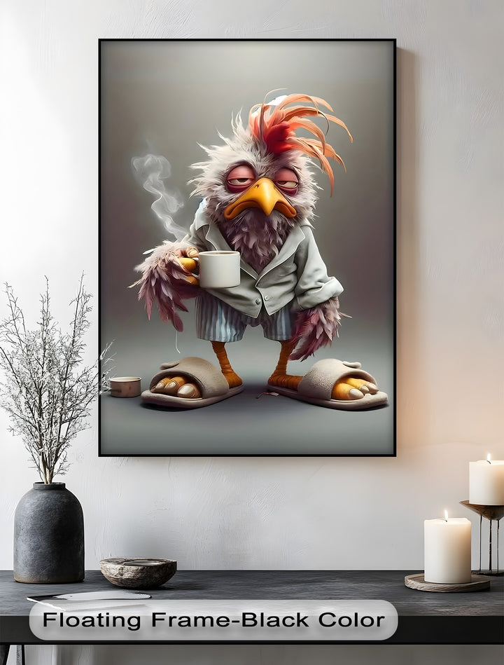 The distinct black floating frame border outlines the premium canvas decor of the Morning Grump Bird Funny Coffee Wall Art print.