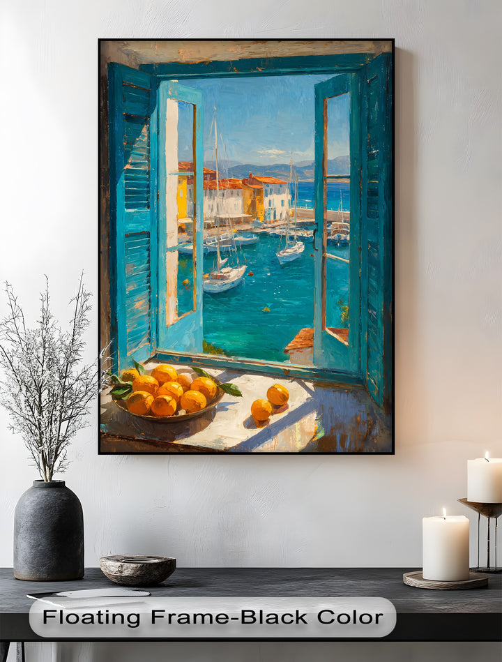 With warm oranges contrasting against cool blues, this Mediterranean Harbor Window canvas print offers a striking color temperature, making it a unique canvas print.