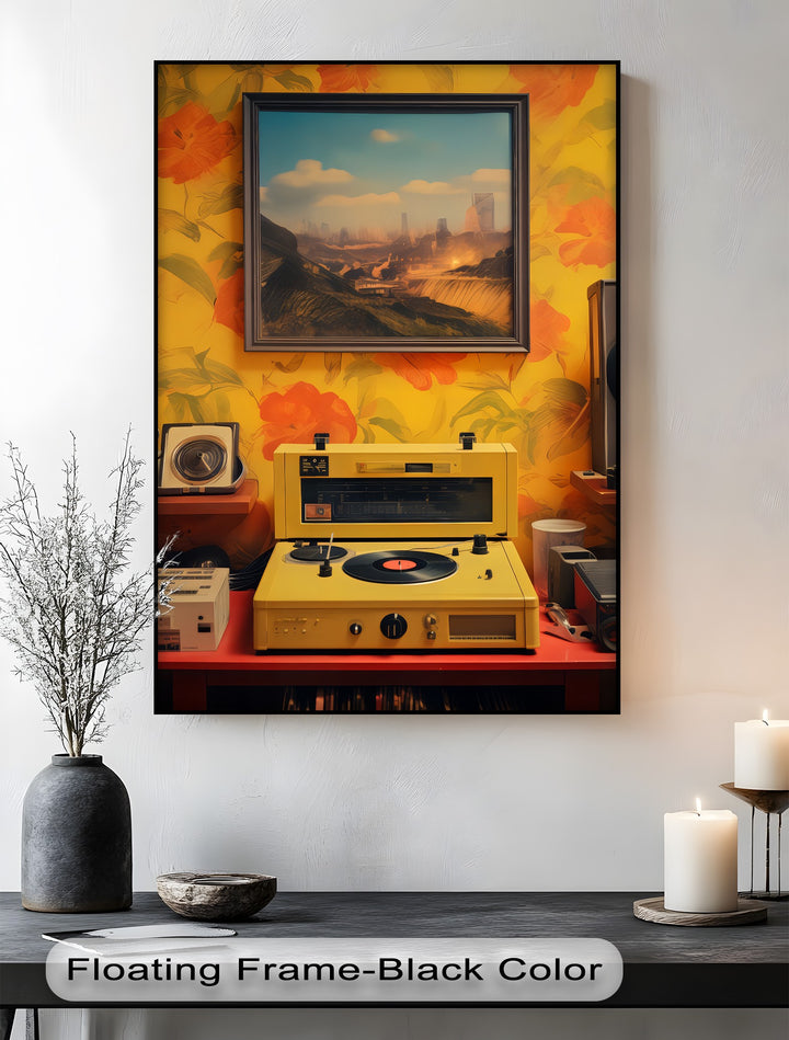 Sunset Groove – Retro Turntable & Futuristic Landscape Canvas Print