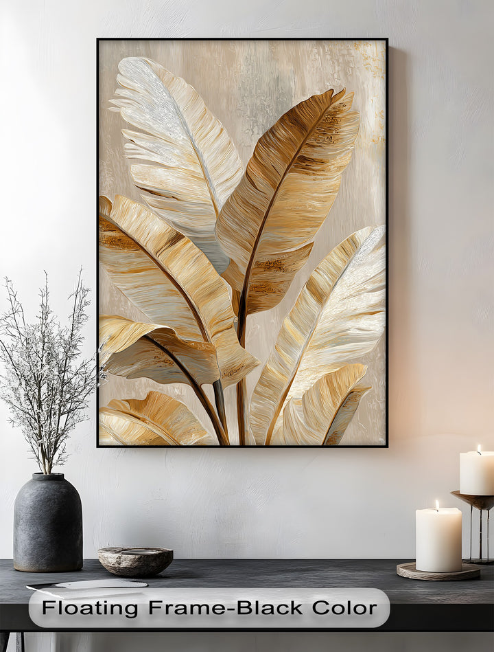 Elegant golden tropical leaf detailing highlights the textured material of this canvas wall art print, offering a luxurious botanical feel.