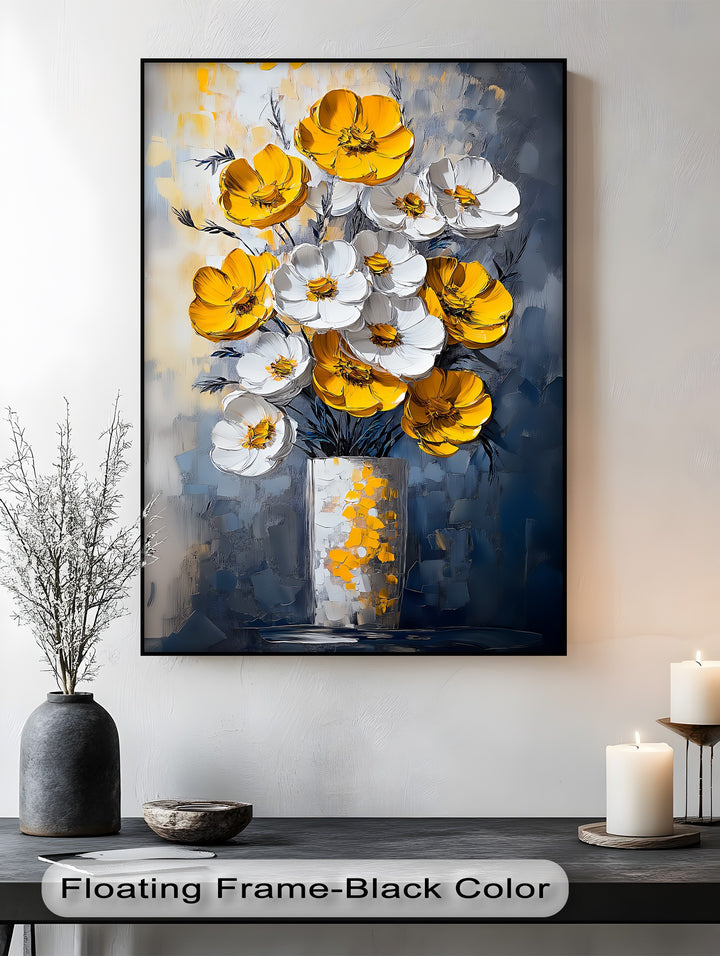 Sunlit Elegance – Yellow and White Poppies in Vase Canvas Print