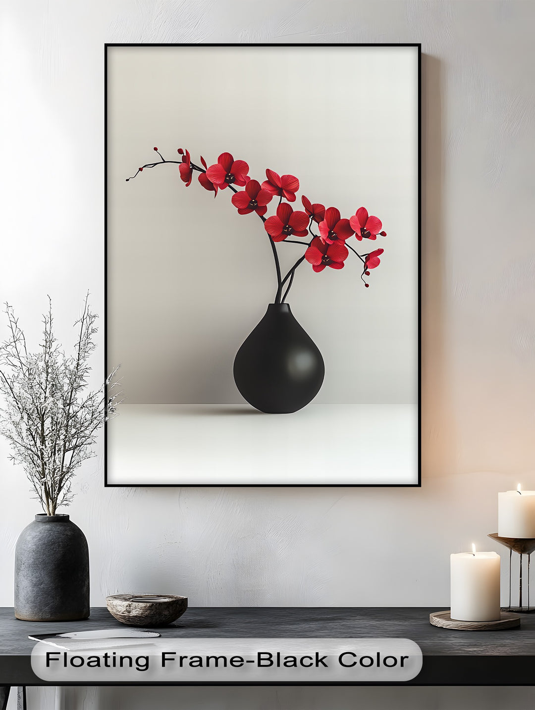 Minimalist Red Orchids in Black Vase – Contemporary Floral Canvas Print