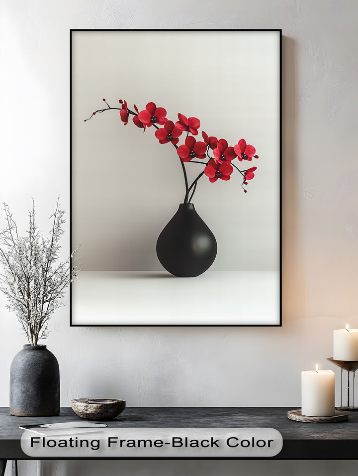 Minimalist Red Orchids in Black Vase – Contemporary Floral Canvas Print