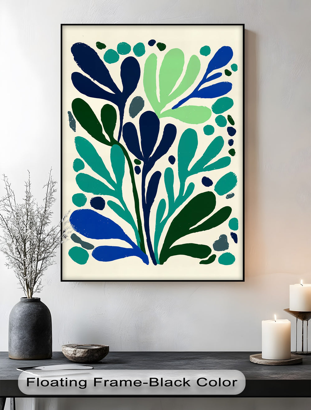 Color transition in this modern blue botanical canvas print highlights the blending of teal, navy, and green hues, enriching the canvas wall decor with minimalist charm.