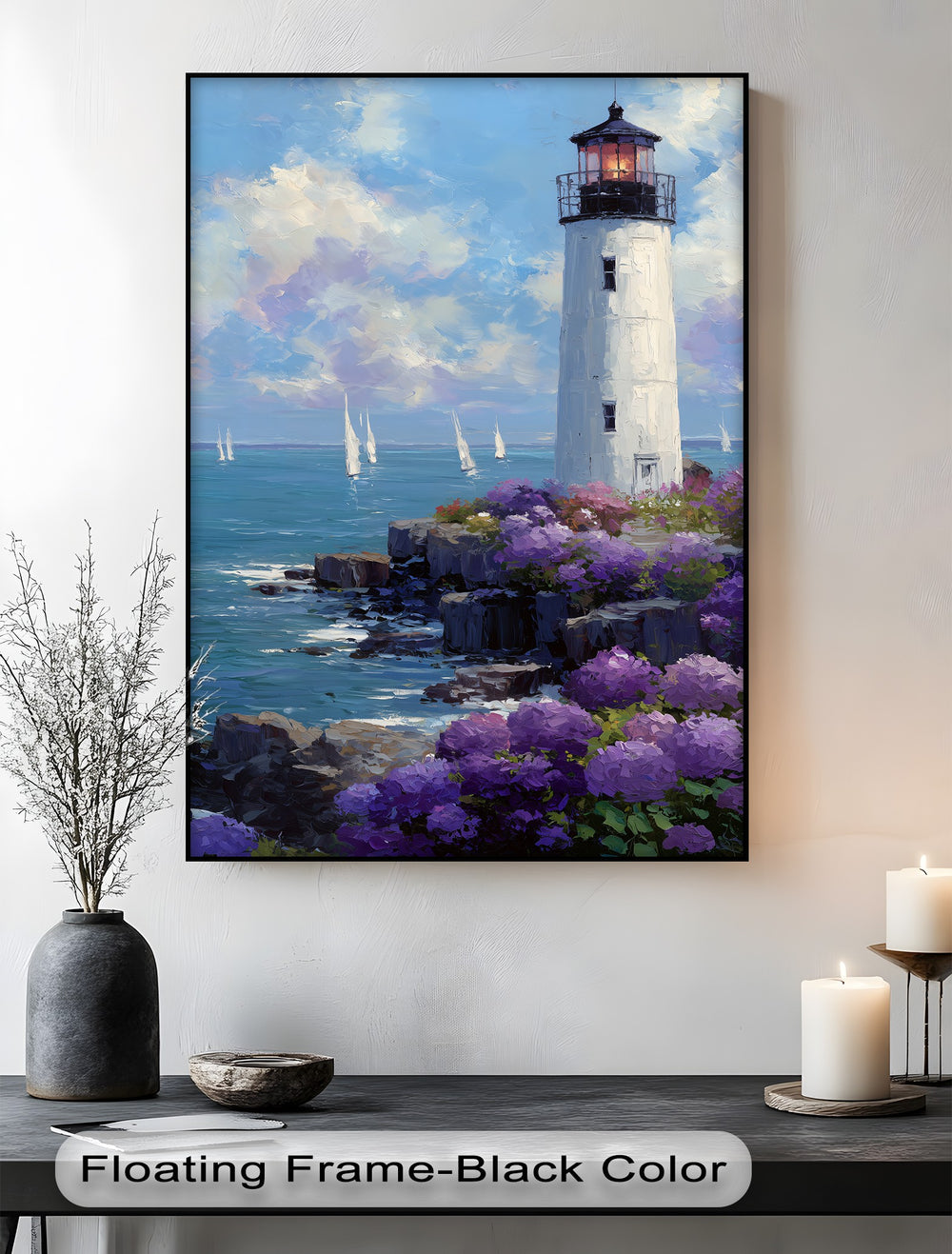 Framed with a sleek, black border, this coastal floral lighthouse canvas wall art highlights the detailed edge of the print depicting a serene seascape with vibrant flowers.