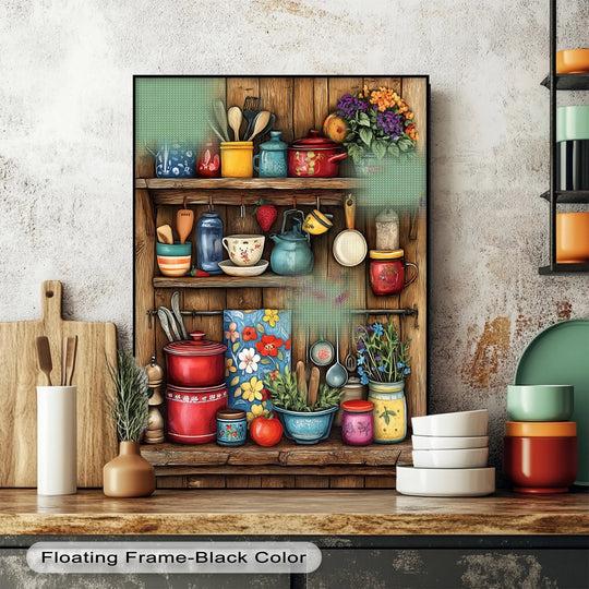 The focal point is the rustic kitchen shelf depicted in high quality canvas prints, exhibiting a vintage floral design with kitchenware and cookware.