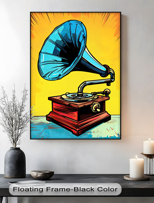 Up-close, a modern black table displays a grayscale vase, small bowl, and a corner of a pop art gramophone canvas artwork print.