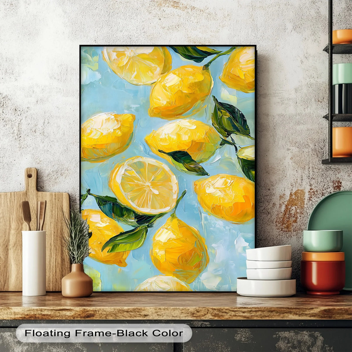 The soft blue negative space accentuates the vibrant lemons in this Zesty Lemons canvas wall art, creating a refreshing focal point with this artful canvas print.