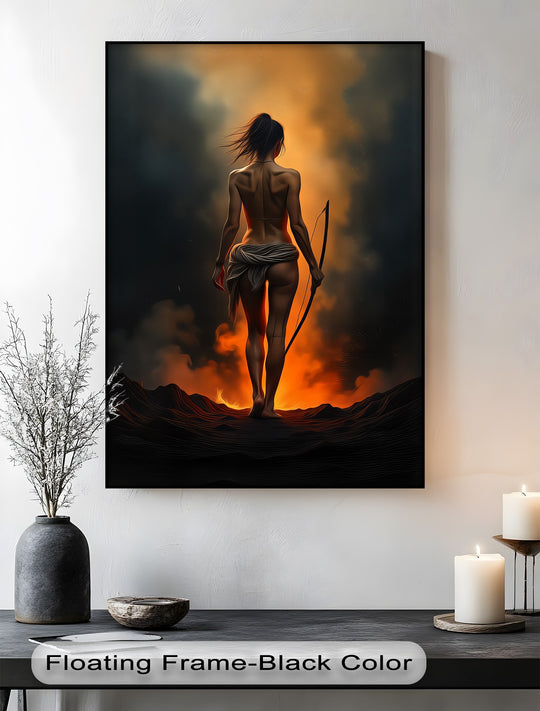 Illuminated by the fiery glow, the center of this 'Ashen Huntress' nude canvas artwork showcases a compelling figure against the dark landscape in this dramatic canvas artwork.