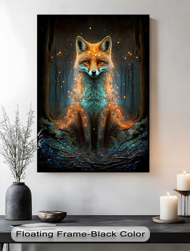 Depth and layers are vividly captured in this mystic fox canvas wall decor, glowing with blue and orange lights within an enchanted dark forest.