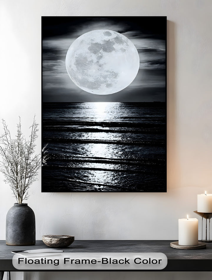 The rhythmic ocean waves beautifully capture the moon's dancing reflection, evoking a profound sense of movement in this unique canvas print.