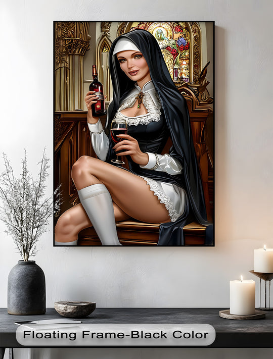 Alternating between dark and light hues, the 'Sacred Temptation' canvas pictures offer a compelling visual rhythm within its sensual nun subject matter.