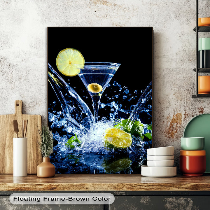 The refreshing and dynamic mood of a lemon martini with vibrant water splashes is vividly depicted on high quality canvas prints.