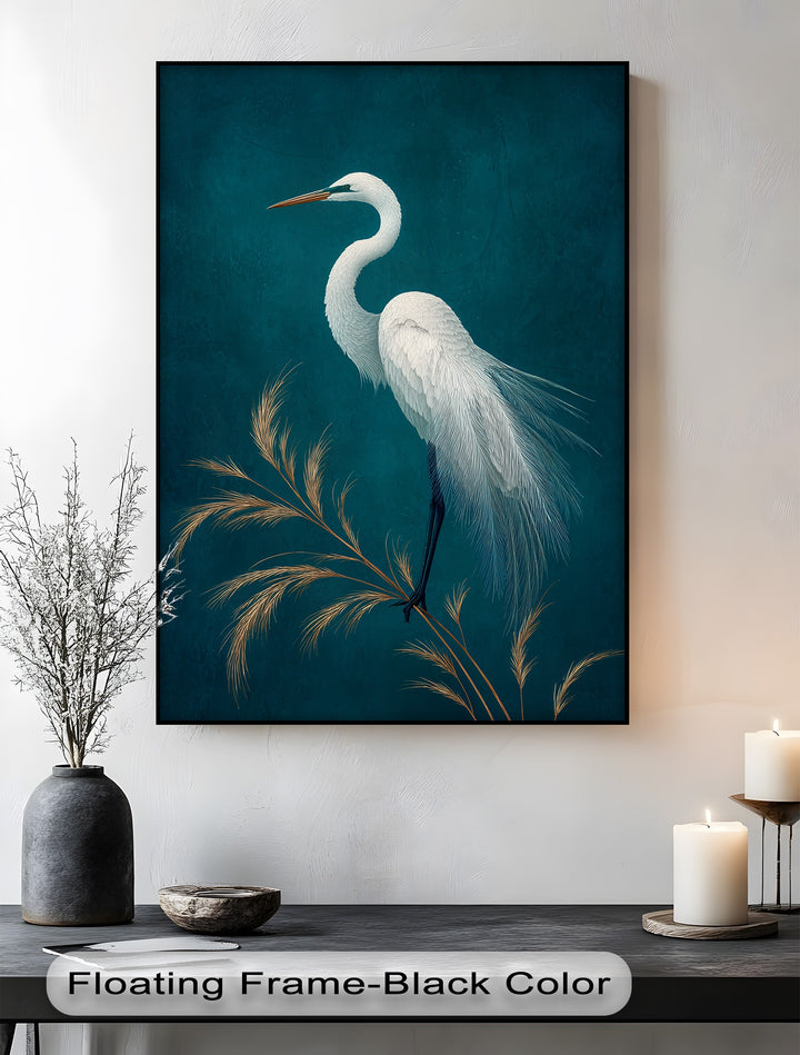 Cool tones of this minimalist bird wall art canvas art print showcase the elegant white heron against a teal backdrop.