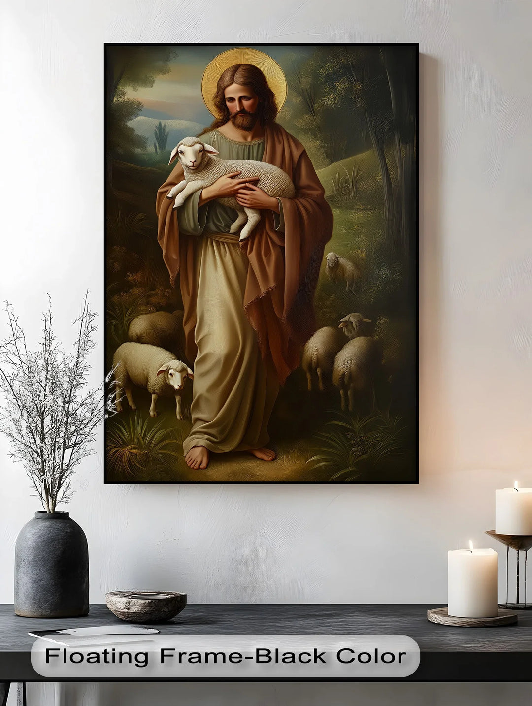 A touching portrayal of grace and trust, captured in this beautiful photo canvas of Christ with His flock.

