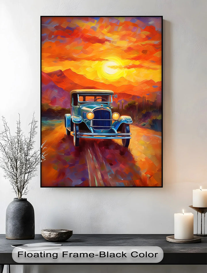 Sunset Journey – Vintage Car on Painted Desert Road Canvas Print - MyPhotoStation