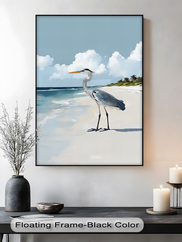 Coastal Heron Under Blue Skies – Tropical Beach Canvas Print