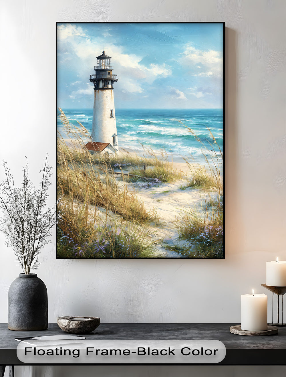 Framed with premium canvas decor, the focal point is a white coastal lighthouse rising from sandy dunes in this serene beach landscape canvas print.