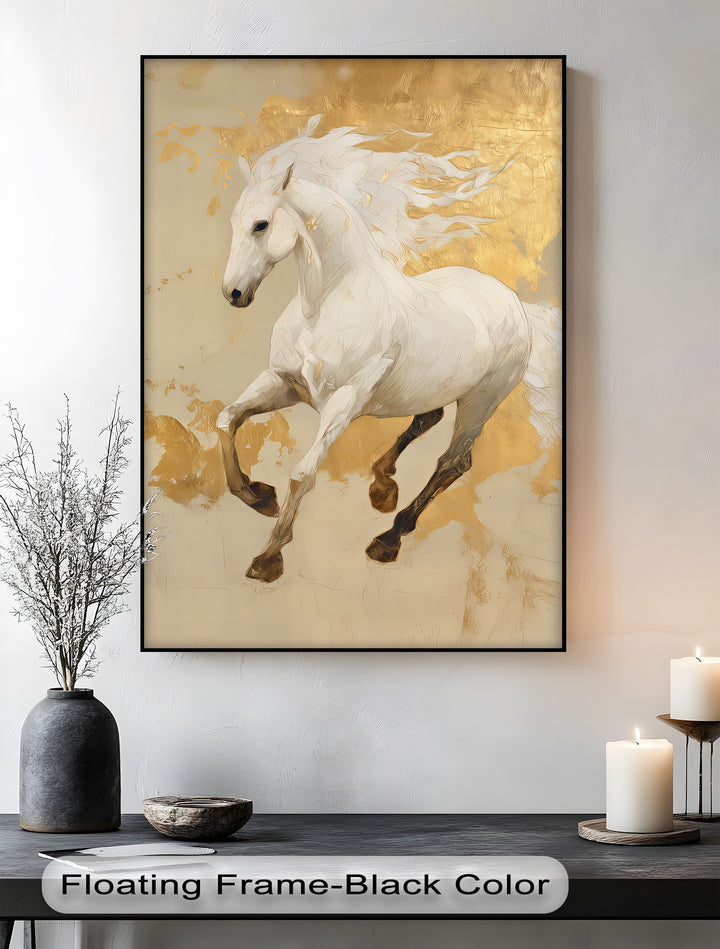 Celestial Charge – Golden White Horse Fantasy Canvas Print