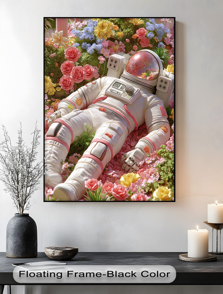 Astronaut Resting in a Garden of Flowers - Pink Canvas Print