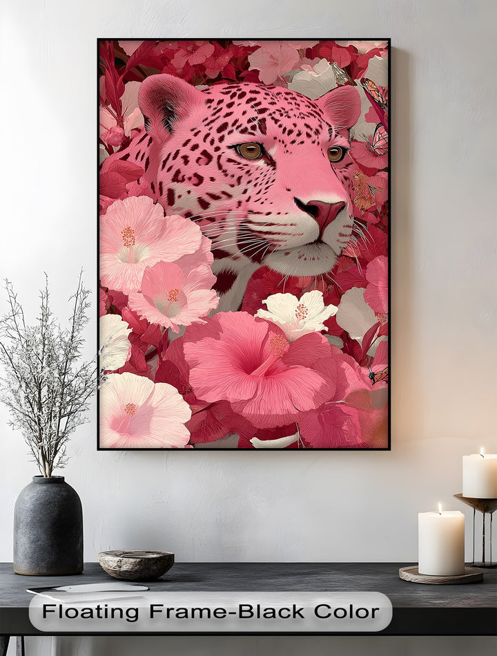 Blush Predator – Pink Leopard in Hibiscus Jungle Canvas Print