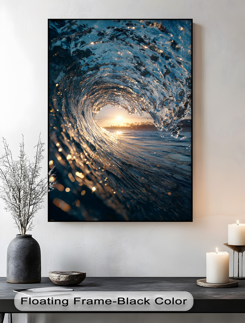 The foreground showcases the mesmerizing, sparkling golden light within the intricate curling ocean wave of this high quality canvas prints.