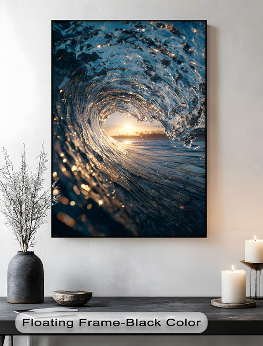 The foreground showcases the mesmerizing, sparkling golden light within the intricate curling ocean wave of this high quality canvas prints.