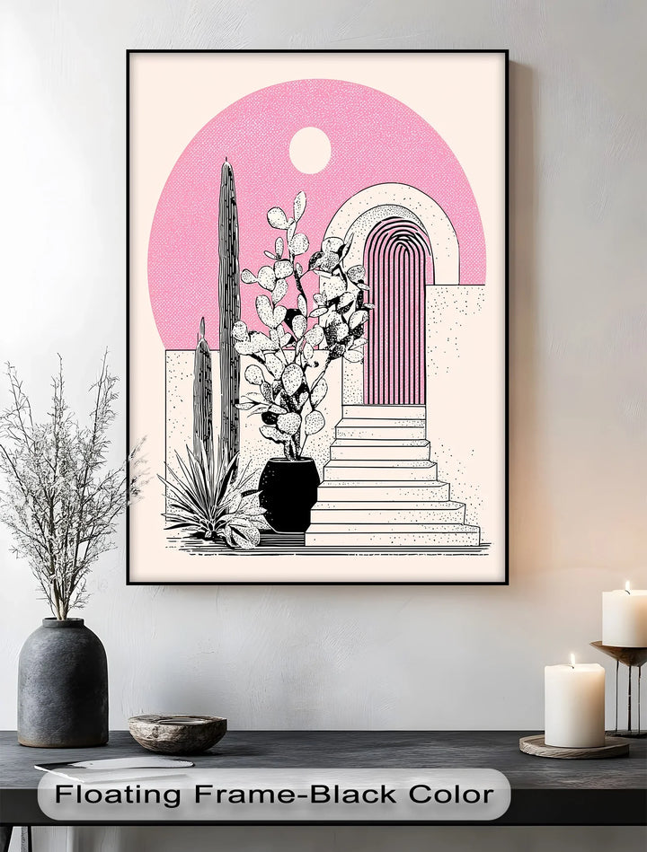 Modern Desert Archway Illustration – Black & Pink Canvas Print - MyPhotoStation
