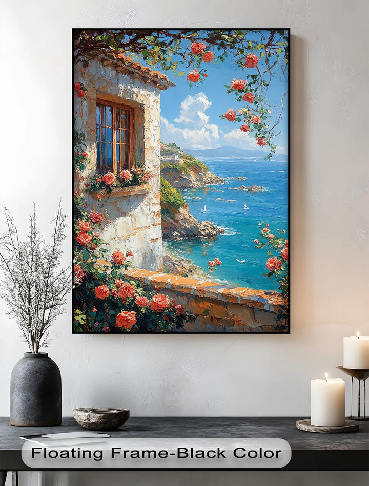 Seaside Roses View – Mediterranean Coast Window Canvas Print - MyPhotoStation