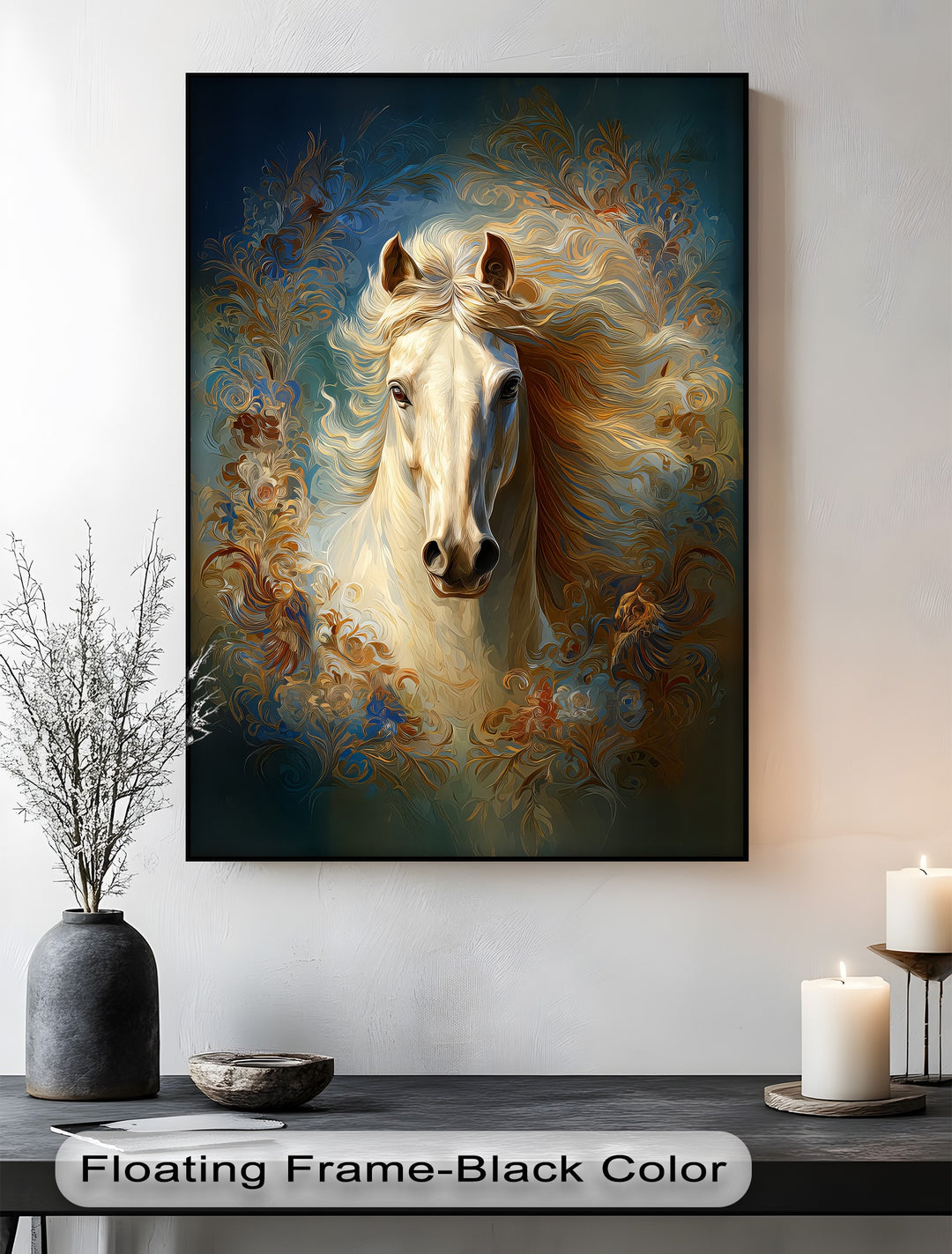 White Horse with Flowing Mane and Ornamental Aura - Horse Canvas Print