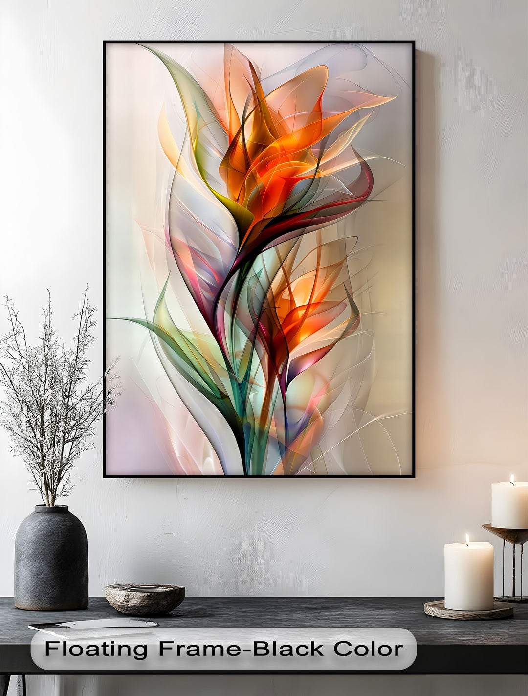 A subtly textured white wall with gentle shadows serves as the pristine background for this modern abstract floral canvas artwork.