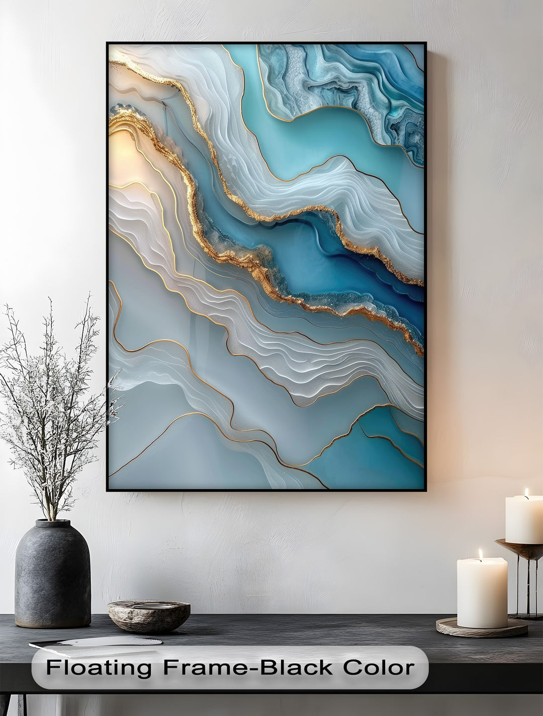 The subtly textured, pristine white wall background beautifully complements the vibrant turquoise agate luxury abstract marble canvas art.