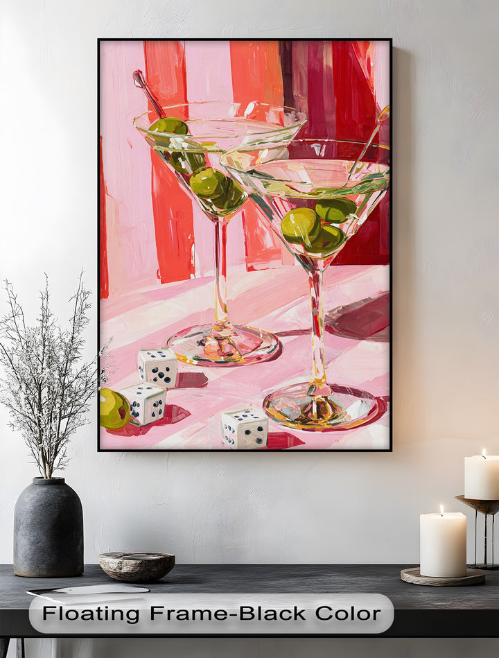 The darkest area highlights the rich hues in this pink martini cocktail canvas painting, a modern bar art decor piece with painted shadows and olive accents.