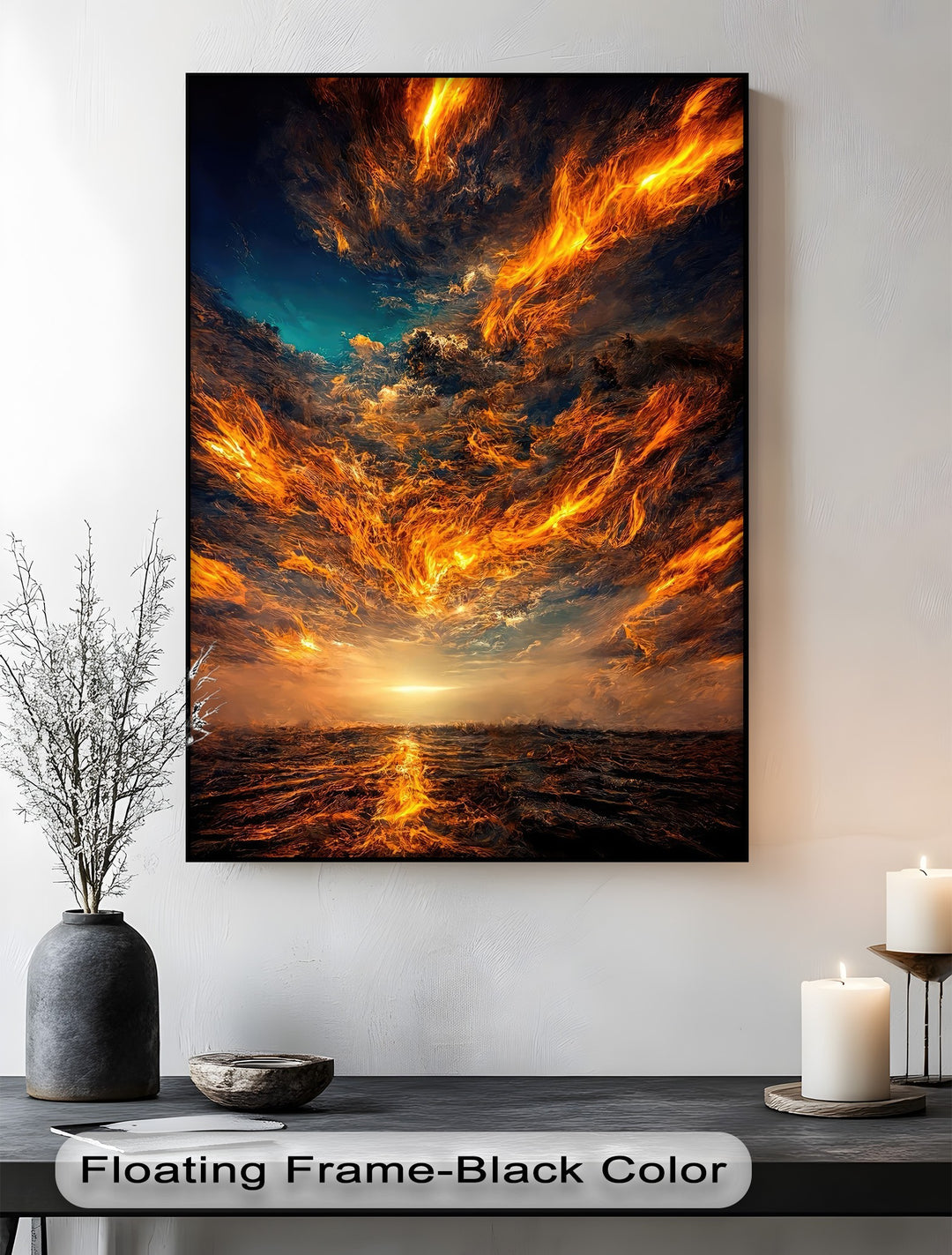 Fiery orange hues dominate this dramatic abstract canvas wall decor, depicting a stormy sky over a turbulent ocean.