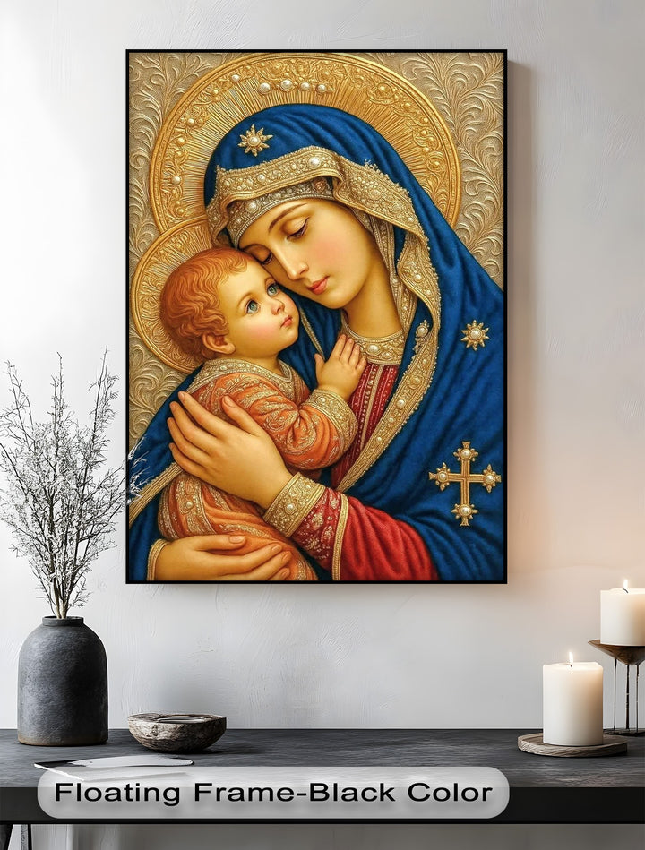 This vertical rectangular canvas is one of our big canvas prints, featuring the Madonna and Child as Christian religious wall art.