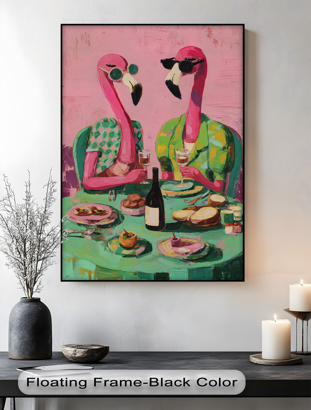 Illuminated by nearby candles, this flamingo dinner party premium canvas decor features two stylish flamingos with sunglasses at a table, showcasing a fun, pop art scene.