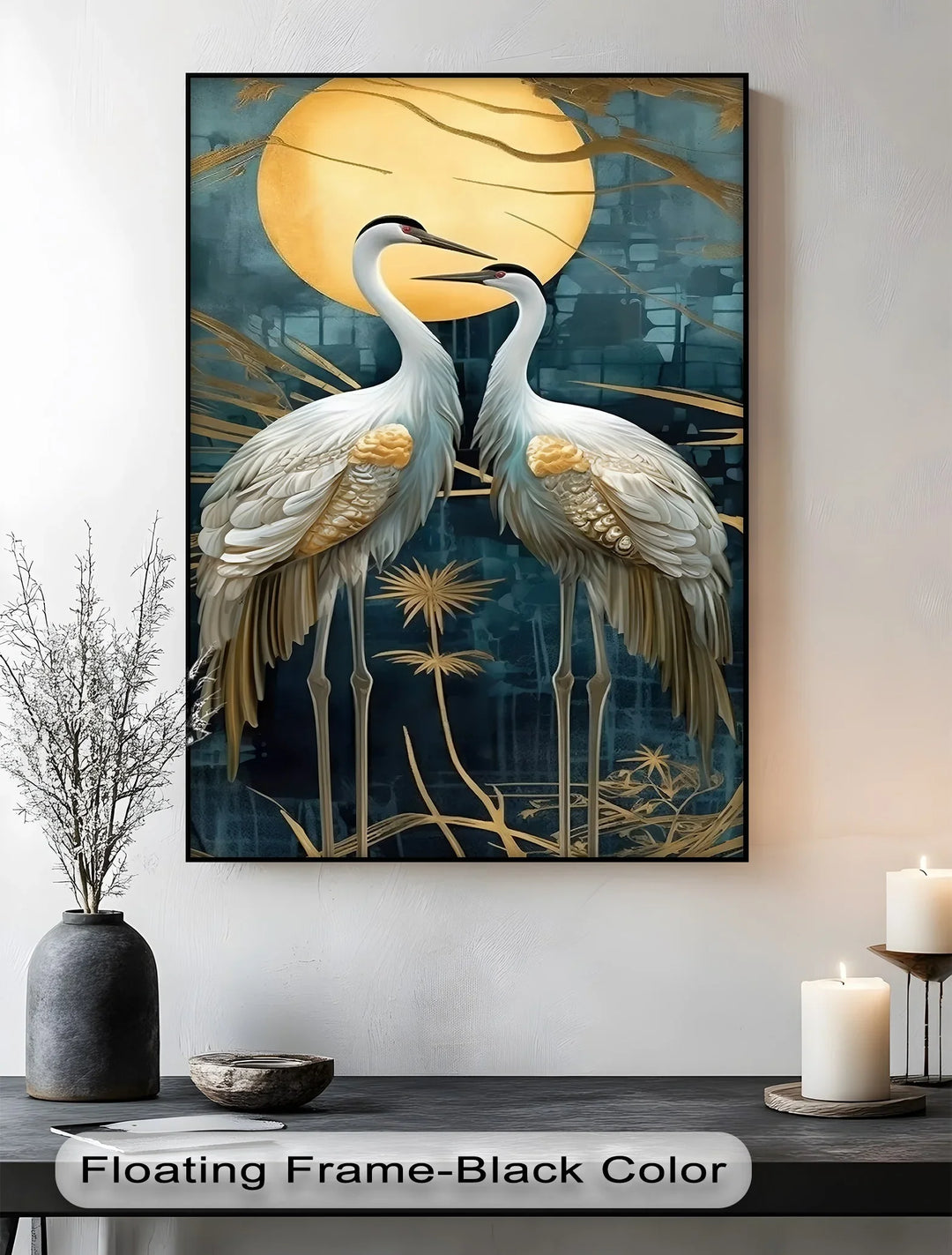 Moonlit Elegance – Golden Cranes Under Full Moon Canvas Print - MyPhotoStation