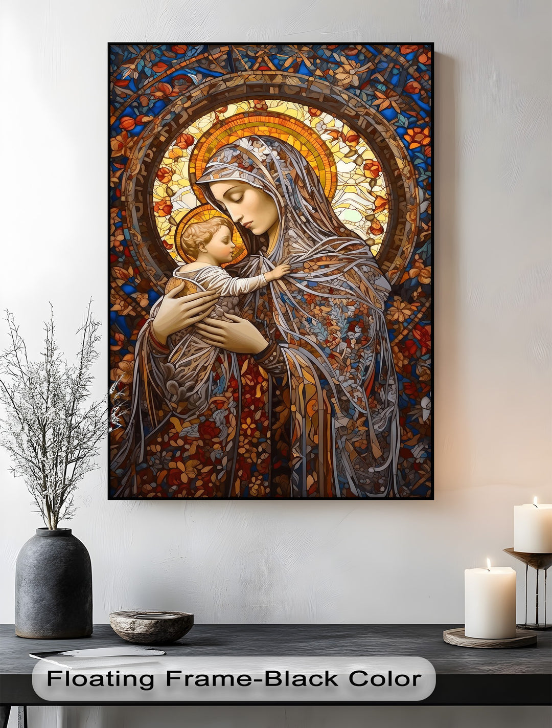 Layered hues of a stained glass Madonna hanging canvas reveal the Virgin Mary gently cradling the Child Jesus against a radiant backdrop.