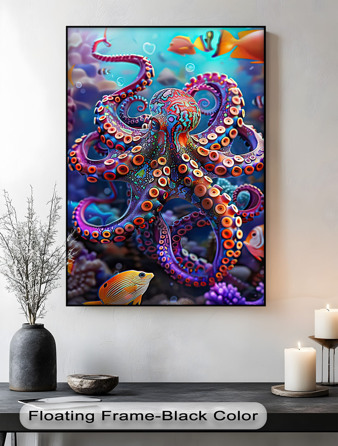 The visual rhythm of the intricately patterned octopus and colorful fish creates a mesmerizing underwater scene on this premium canvas decor.
