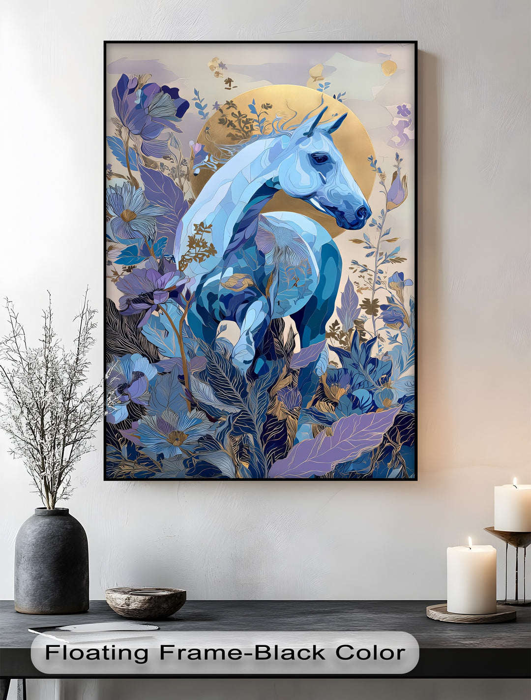 Celestial Bloom – Blue Horse in Golden Floral Fantasy Canvas Print