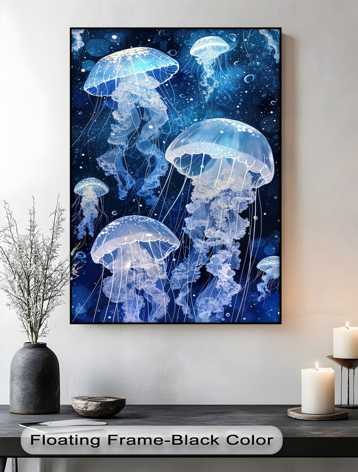 A majestic vertical rectangular canvas painting showcases several luminous blue jellyfish in an ethereal deep ocean scene.