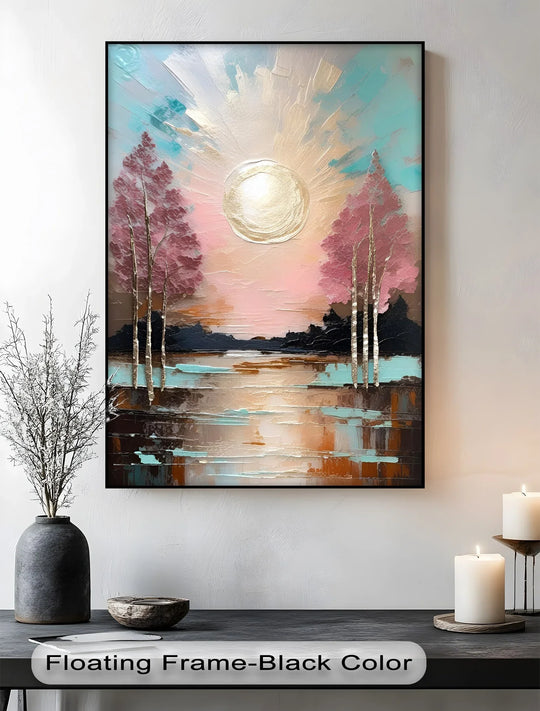 Swirling golden hues and textured brushstrokes create a sense of movement in this landscape canvas art prints of a sunset over water.