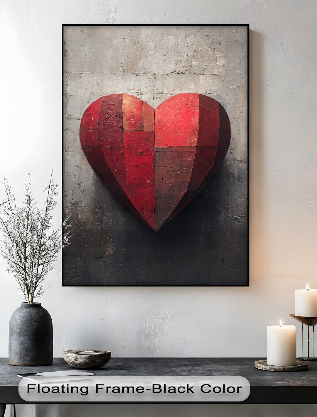 Lit candles offer a soft contrast to the rustic red heart canvas artwork, highlighting the textured love wall art.