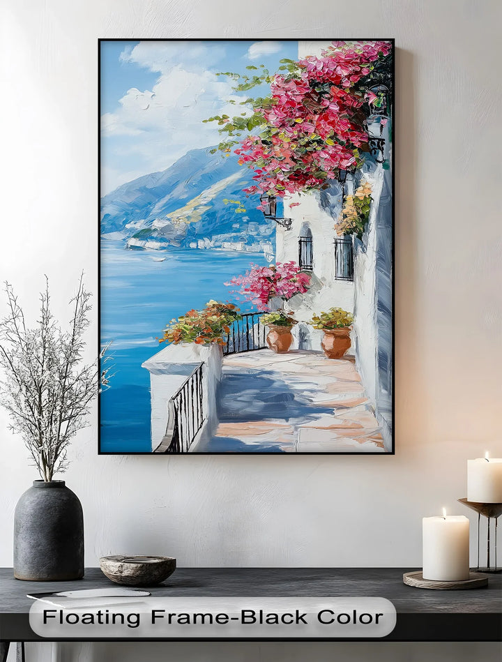 Sunlit Balcony by the Amalfi – Seaside Floral Canvas Print
