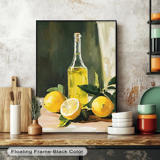 Negative space surrounds the vibrant Mediterranean Essence canvas wall art, highlighting the still life composition of lemons and olive oil.