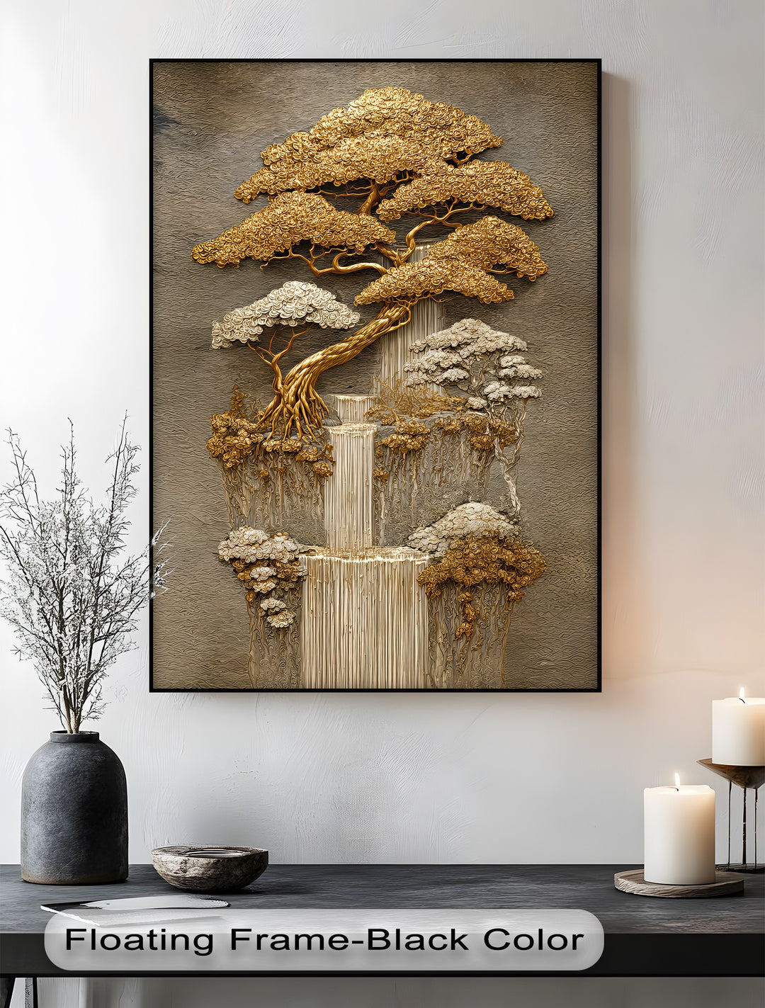 Golden Harmony – Layered Bonsai Trees and Waterfall Canvas Print