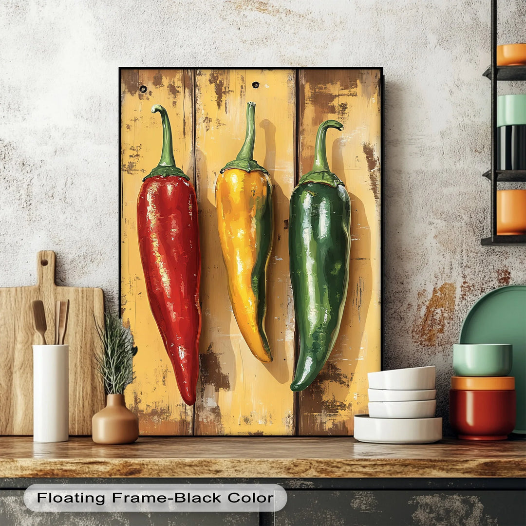 Spicy Trio – Rustic Red, Yellow & Green Peppers Kitchen Canvas Print - MyPhotoStation