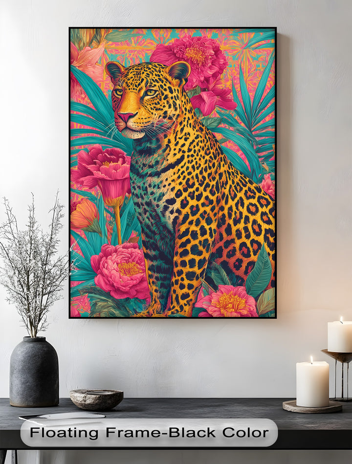 Regal Jungle Majesty – Vibrant Leopard in Floral Canvas Print
